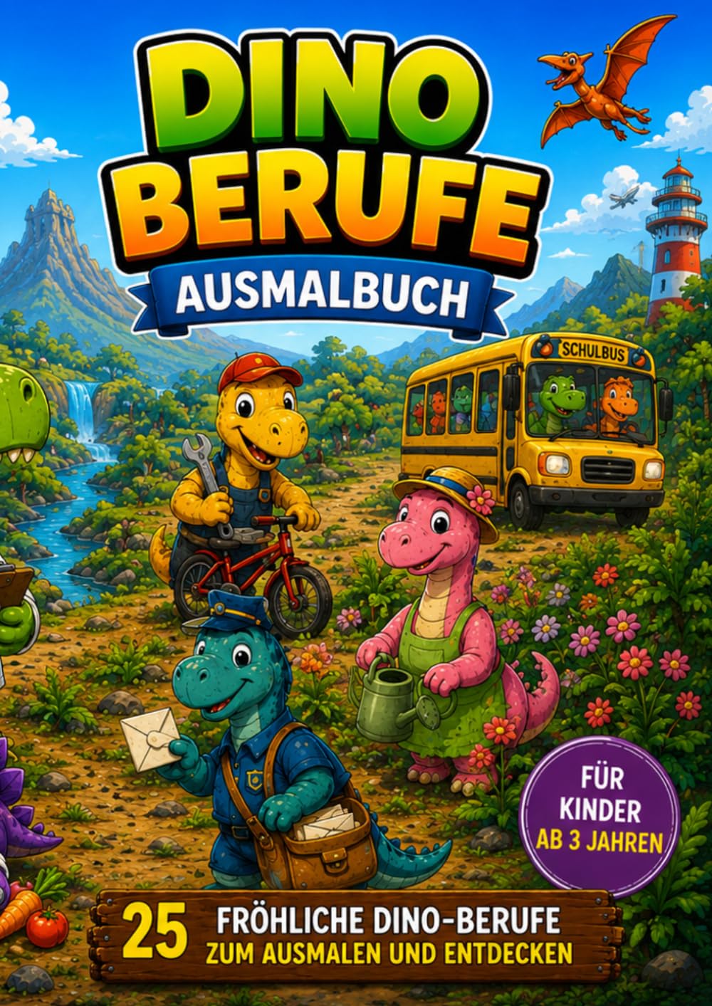 Dinosaurier Fahrzeuge & Maschinen Ausmalbuch für Kinder ab 3 Jahren: 25 spannende Dino-Fahrzeuge zum Ausmalen – Mit Baggern, Traktoren, Feuerwehr, Baustellenfahrzeugen und mehr für Jungen und Mädchen