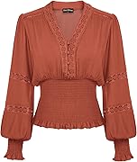 SCARLET DARKNESS Renaissance Shirt Women Boho Long Sleeve V Neck Smocked Peasant Tops