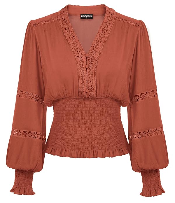 Renaissance Shirt Women Boho Long Sleeve V Neck Smocked Peasant Tops Burnt Orange S by Scarlet Darkness - Used condition - US$26.55