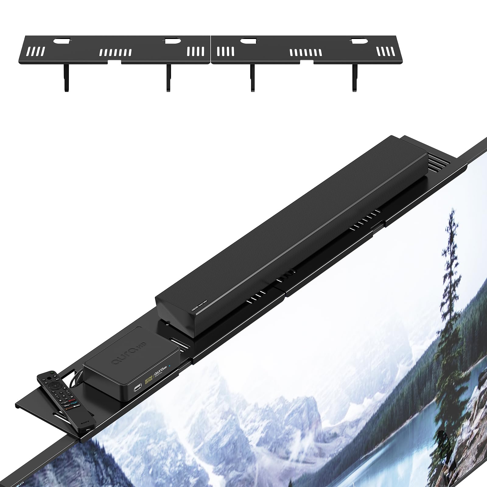Adjustable Steel TV Top Shelf, Floating TV Stand, Universal Monitor Shelf for Soundbar, Game Console, Cable Box, Router Shelves and Home Accessories (No Storage Boxes, 2PCS)-image-16