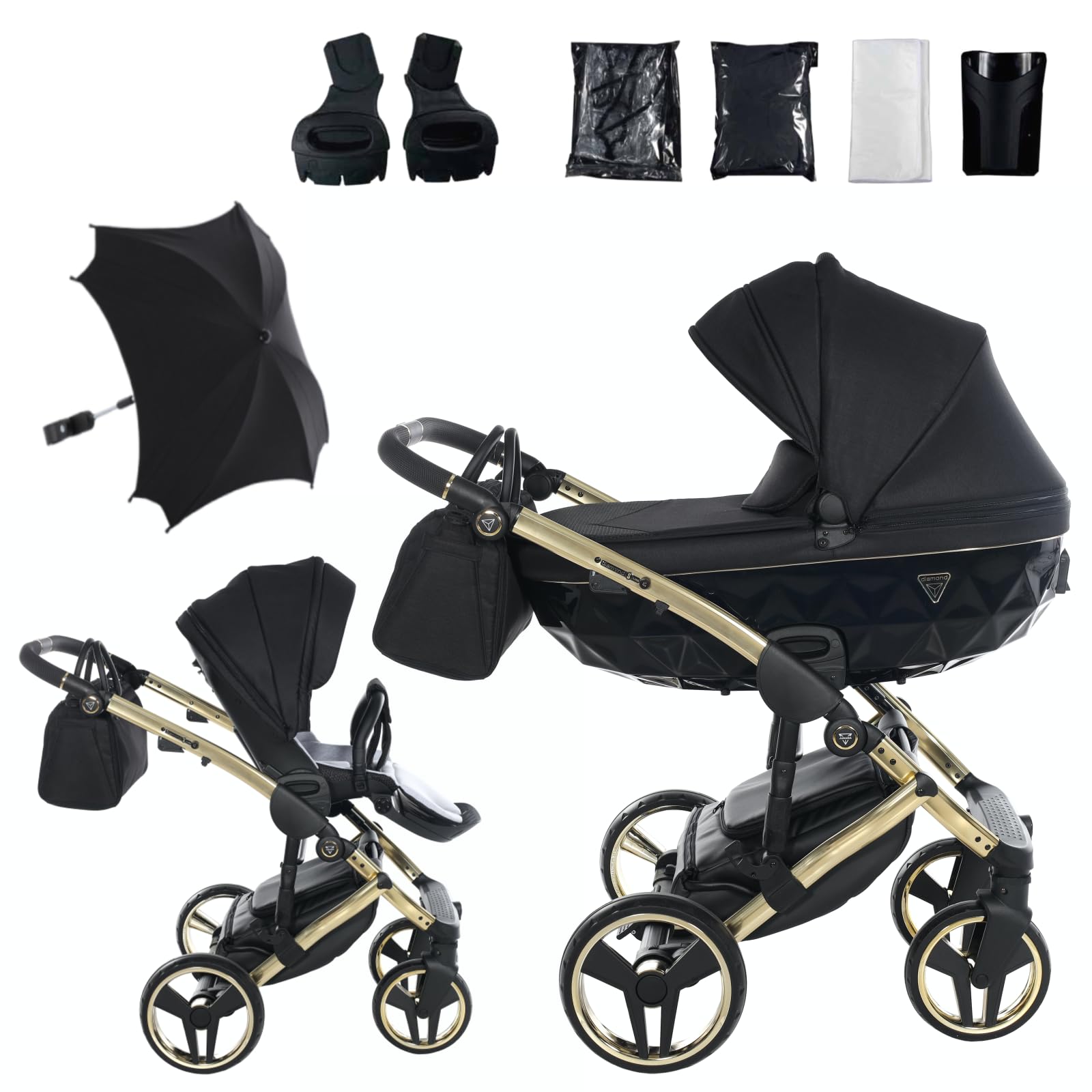 Junama Passeggino TRIO Diamond S 02 Nero e Oro - 2in1 3in1 4in1 + ombrellino (2 in 1 con Adattatori)