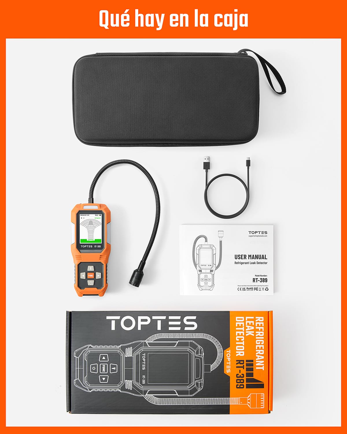 TOPTES RT-389 Detector de Fugas de Refrigerante Recargable, Detector de Fugas de Freón con 3 Modos de Sensibilidad y 3 Tipos de Alarma, para CFC HCFC HFC HFO HC para Coche, Hogar e Industria – Naranja