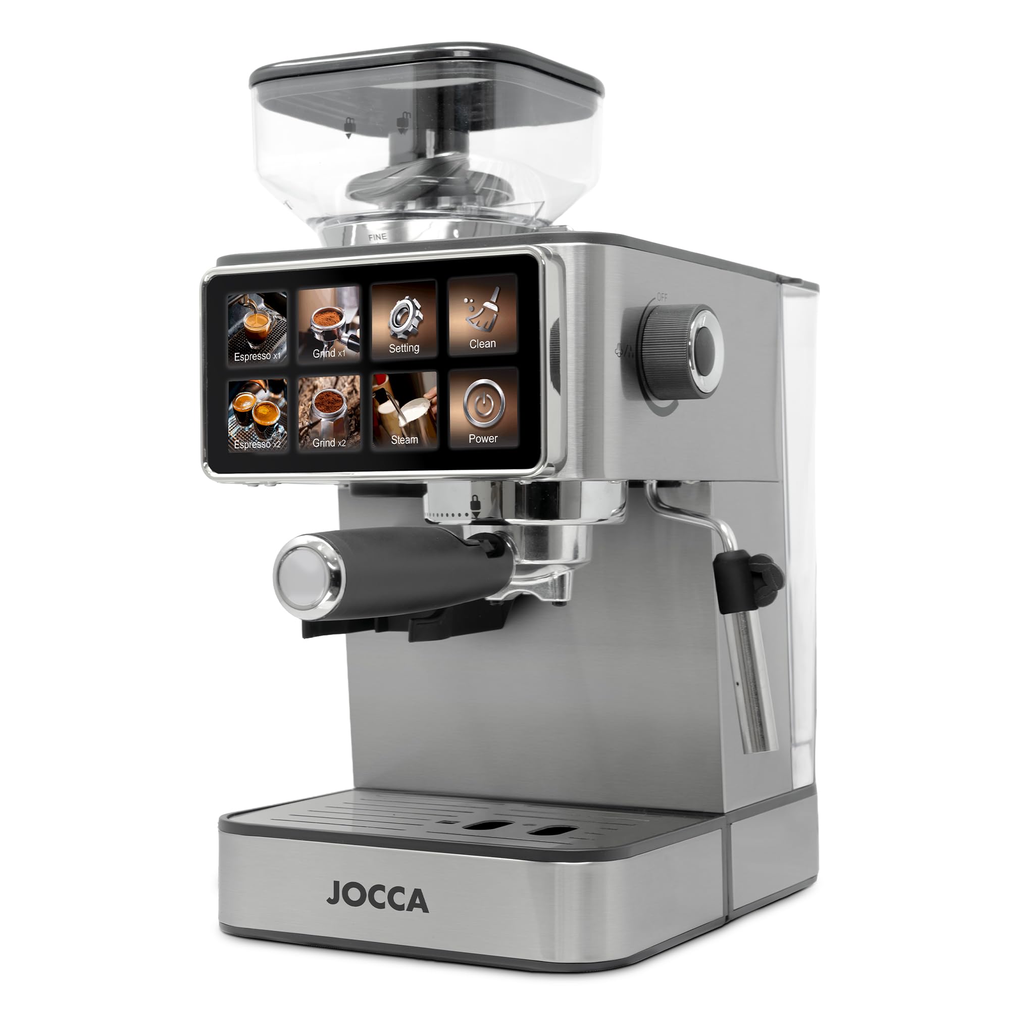 Jocca - Cafetera Espresso Semiautomática 20 Bar con Molinillo, Pantalla Táctil, 22 Niveles de Molienda, Vaporizador, Depósito 1,3L, 1450W, Acabado en cromado Acero Inoxidable