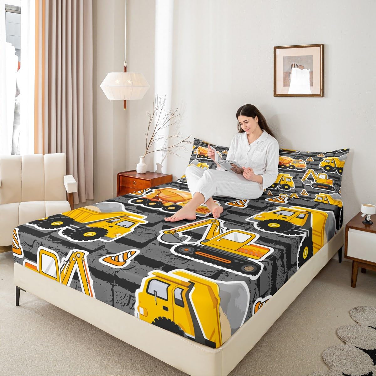 Erosebridal Cartoon Car Queen Sheet Set - 3Pcs Excavator Tractor Bedding For Boys, Reversible All Season - View #4