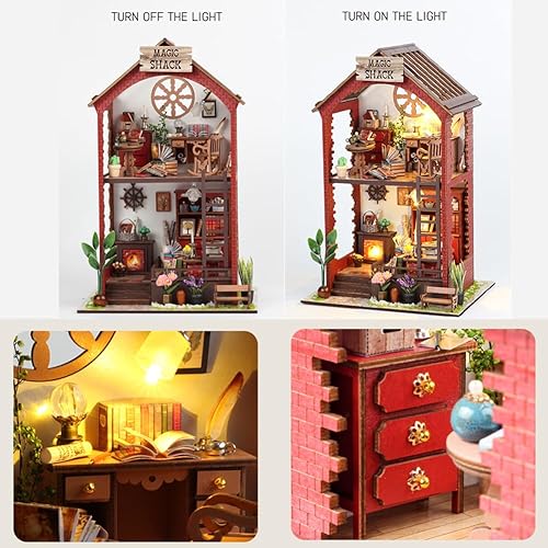 Miniatura 6 de Kit de rincón de libros para bricolaje con cubierta antipolvo y muebles, kit de casa de muñecas de madera para bricolaje, kit de construcción de