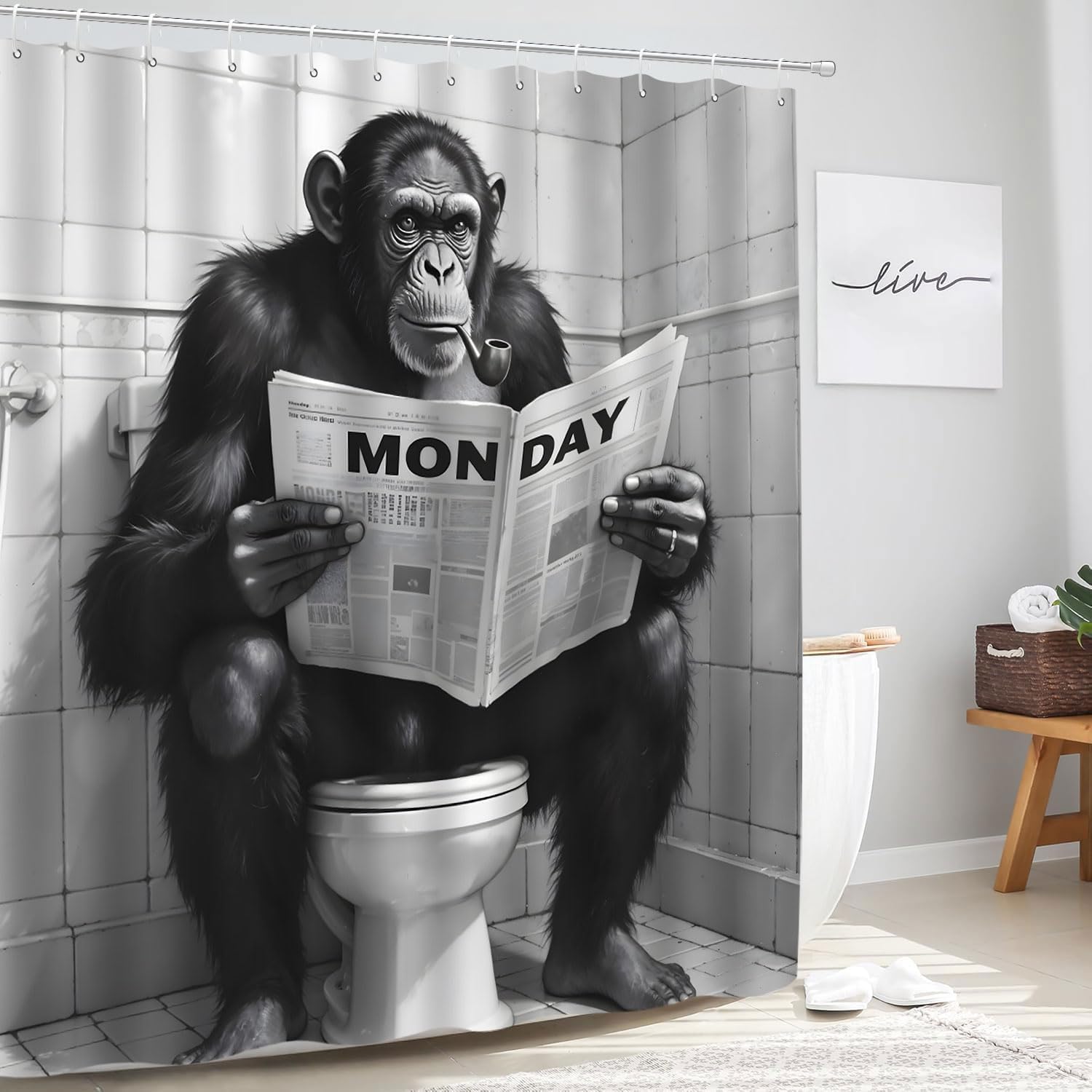 Funny Monkey Shower Curtain Chimpanzee Read Newspaper Black White Hilarious Animal Gorilla Polyester Curtains Bathroom Decor with Hooks 70" Wx70 H image 2