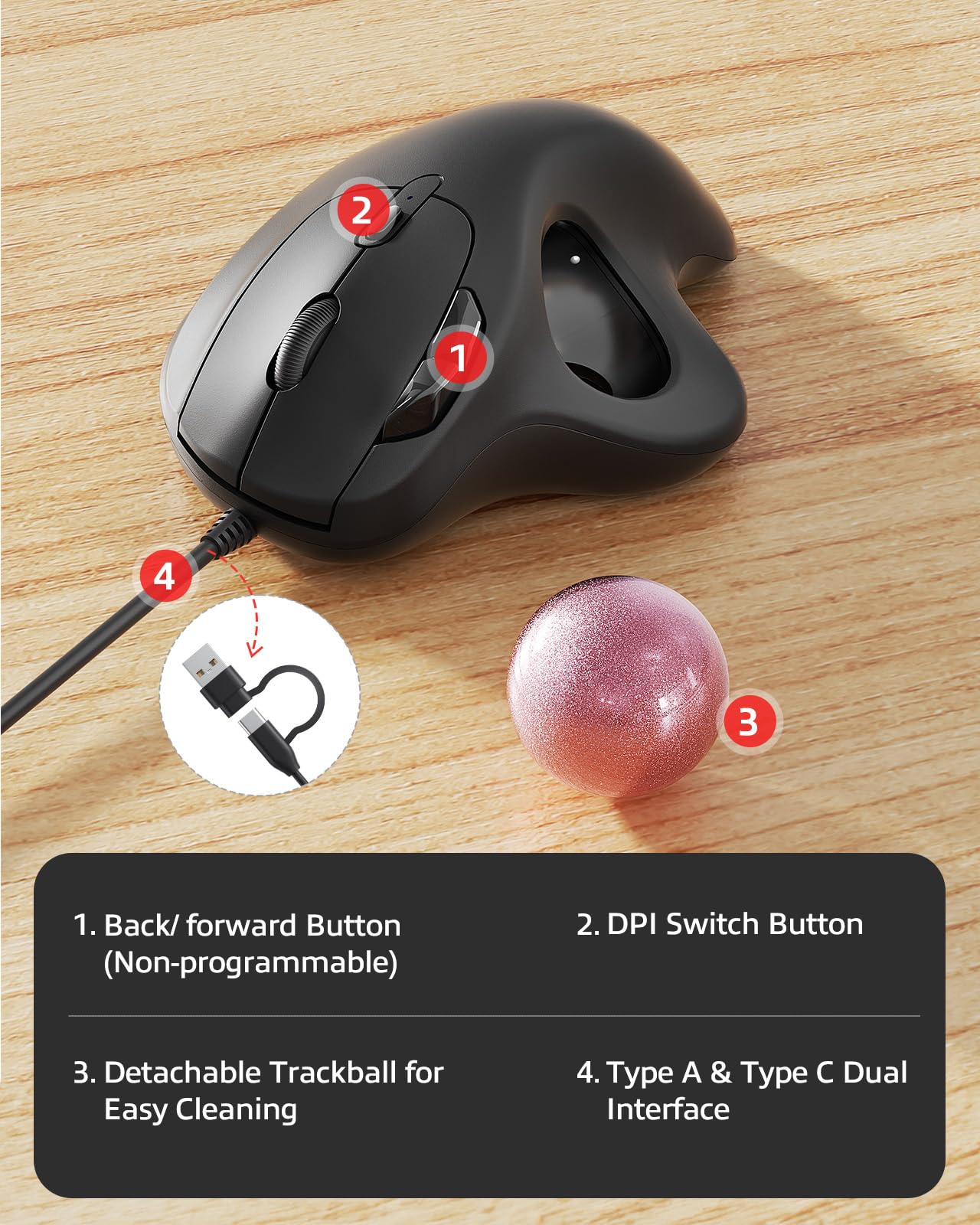 Nulea M509 Trackball Mouse con Cable, diseño ergonómico, fácil Control del Pulgar, Seguimiento preciso y Suave, Interfaz 2 en 1 (Tipo A y Tipo C), Compatible con PC, portátil, Mac, Windows.