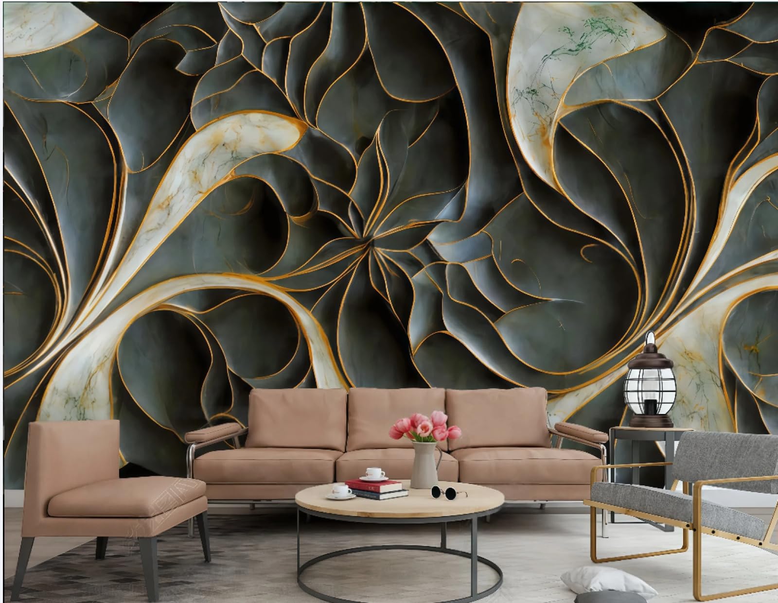 Tapeta nowoczesna trójwymiarowa złota linia rzeźbiona relief abstrakcyjny szmaragdowy zielony marmurowy wzór TV sofa tło tapeta ścienna salon restauracja kawiarnia mural, 3D, 250 x 175 cm