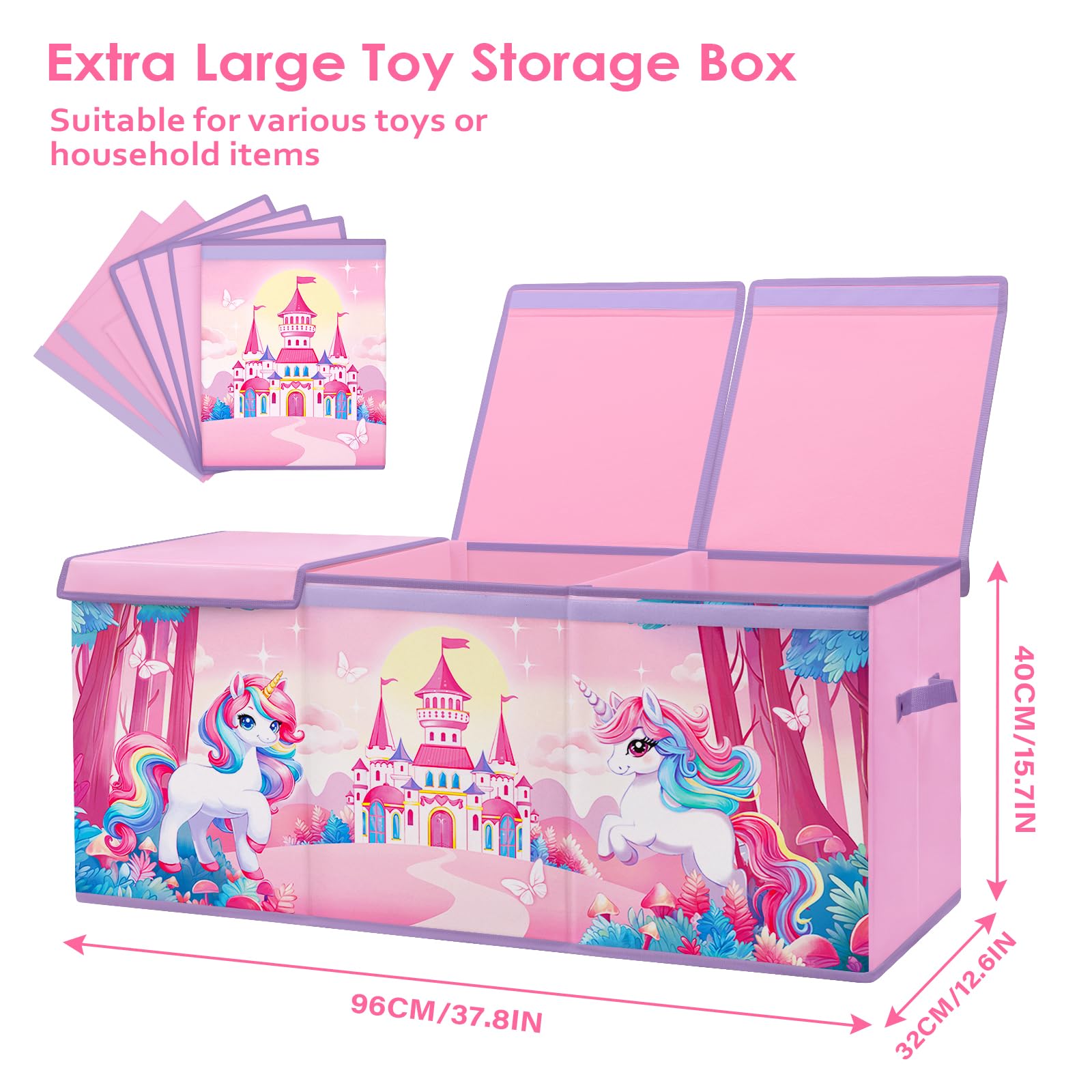 Scatola di Giocattoli Large con Coperchio Ribalta per Bambini, Contenitore Porta Giochi Pieghevole Oxford, Baule Portagiochi Impermeabile Robusto per Ragazze Ragazzi, 96×32×40cm (Unicorno Fantasia)