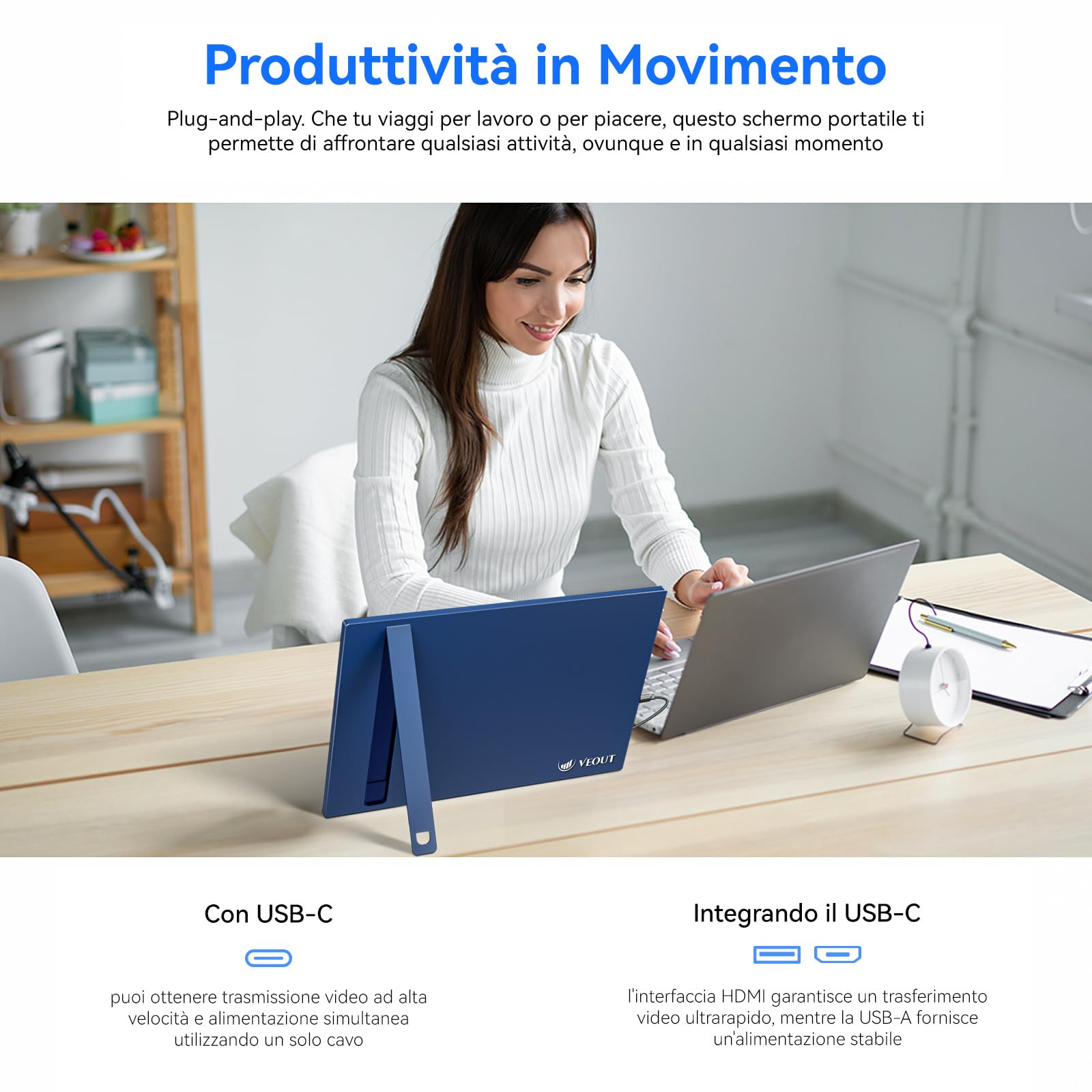 Veout Monitor portatile da 16" monitor per laptop IPS 1920 x 1200P con connettore USB - C monitor per gaming con FreeSync e HDMI dotato di un piedino regolabile disponibile