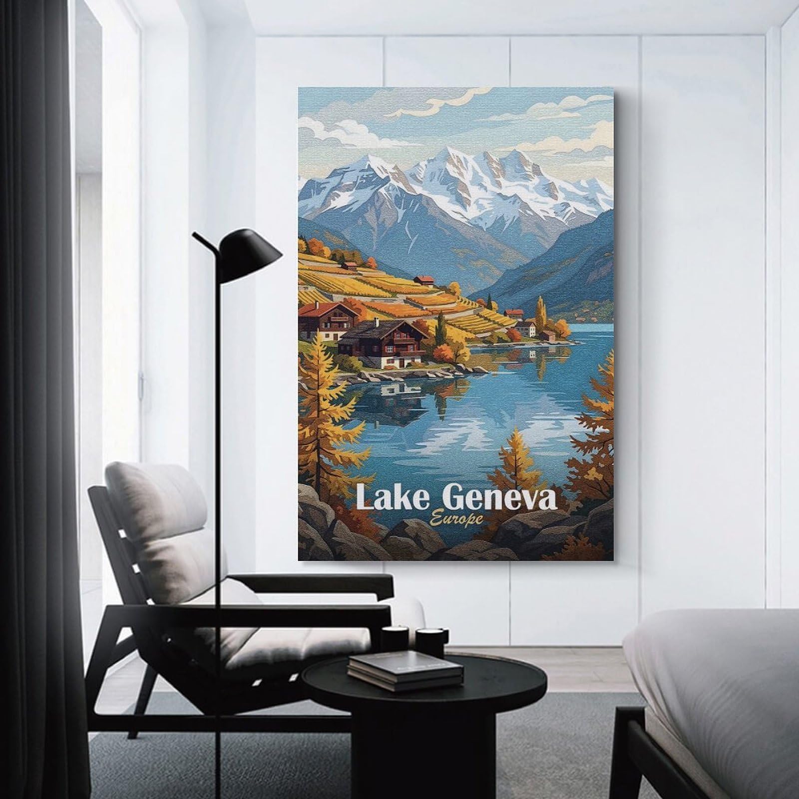 Junmoney Room Decor Wall Art Lake Geneva Europe Travel, 12x18inch(30x45cm), for Office Decor, Home Working Or Creative Rooms, An Interior Accent for Desk Areas