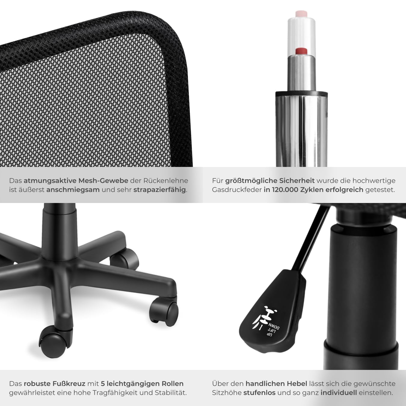 tectake® ergonomischer Bürostuhl, Schreibtischstuhl mit Rollen, Drehstuhl, Gaming Stuhl, Office Chair, Drehsessel, Möbel für Arbeitszimmer, und Jugenzimmer, PC, Computertisch - schwarz