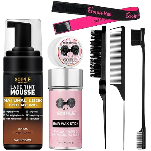 Mousse de cabello con tinte de encaje para pelucas, tupés y postizos, color de acabado natural de 3.4 onzas líquidas con barra de cera (marrón