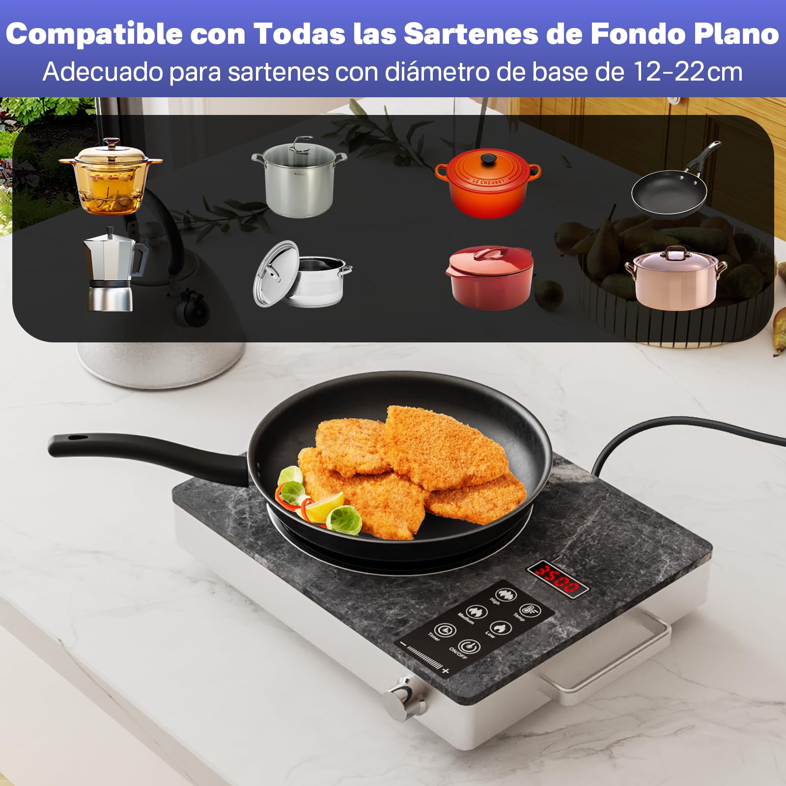 Placa Vitrocerámica Infrarroja 3500W | Cocina Eléctrica con Vidrio Microcristalino | Compatible con Todo Tipo de Sartenes | Funciones de Seguridad Integradas | Diseño Premium en Mármol