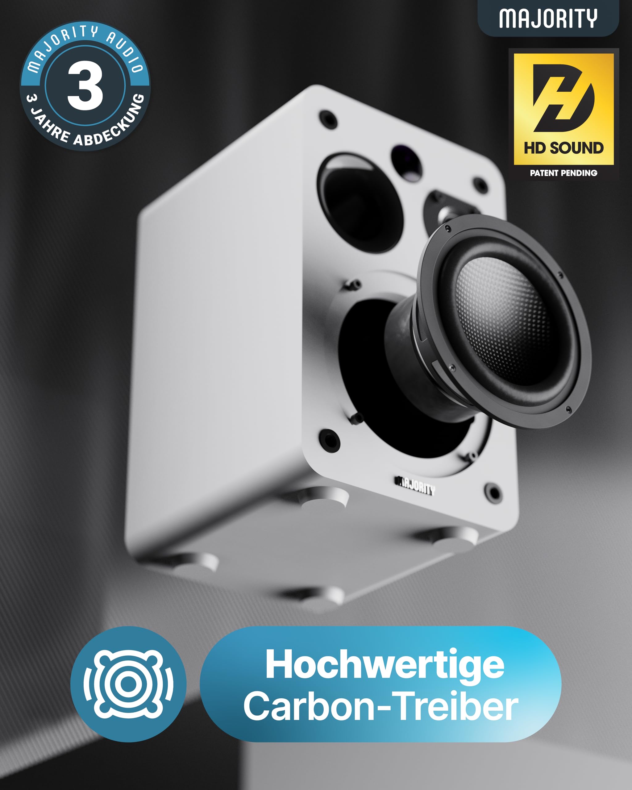 MAJORITY D70X Aktivlautsprecher Bluetooth | Regallautsprecher HDMI ARC | Studio Monitor DJ Doppeltreiber Kohlefasermembranen | 70W Stereo PC Speaker | Monitor Lautsprecher mit Fernbedienung (Weiß)
