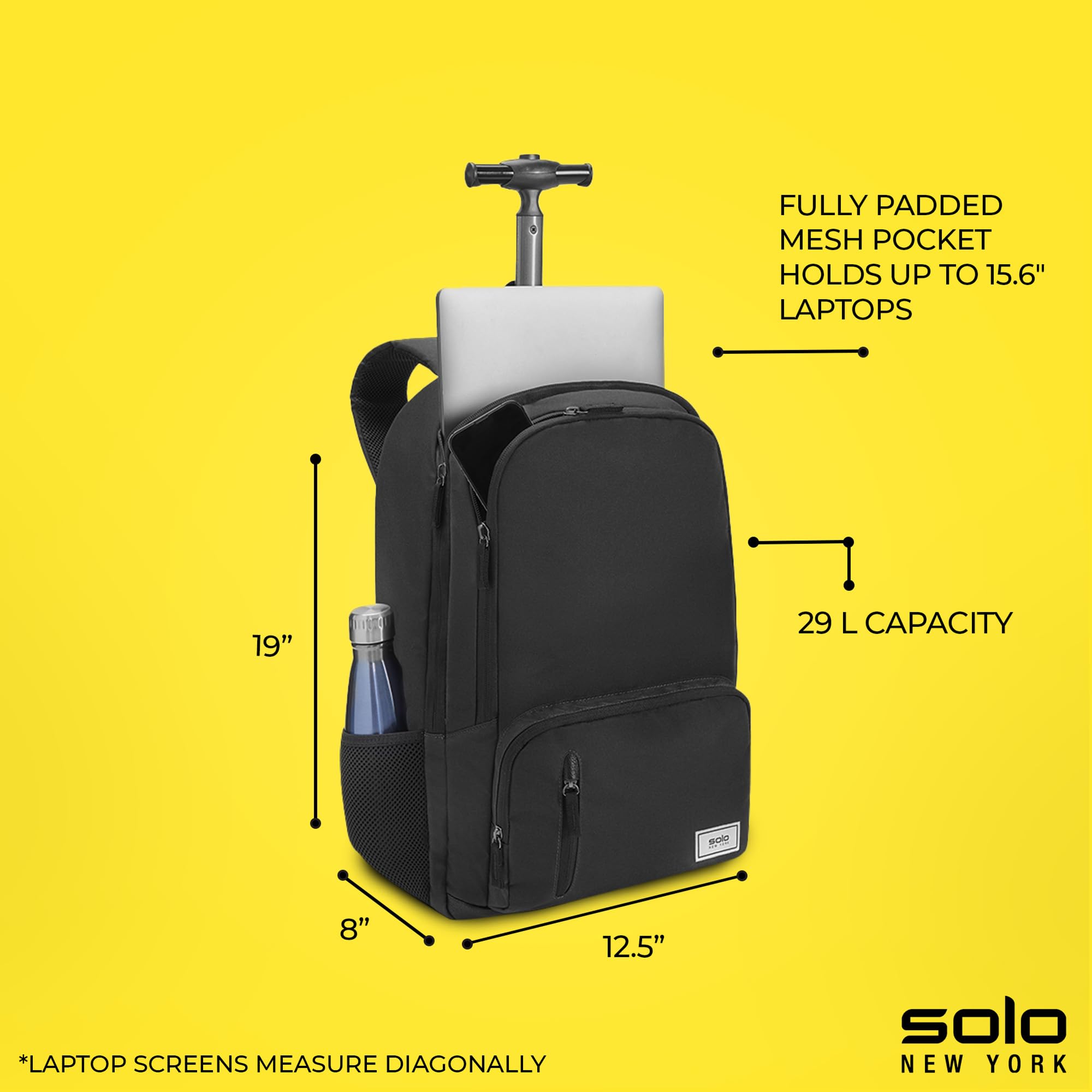 Solo New York Bleeker - Mochila unisex con ruedas, color negro, se adapta a portátiles de hasta 15.6 pulgadas, Black, Fits up to 15.6" Laptop, Bleeker - Mochila con ruedas