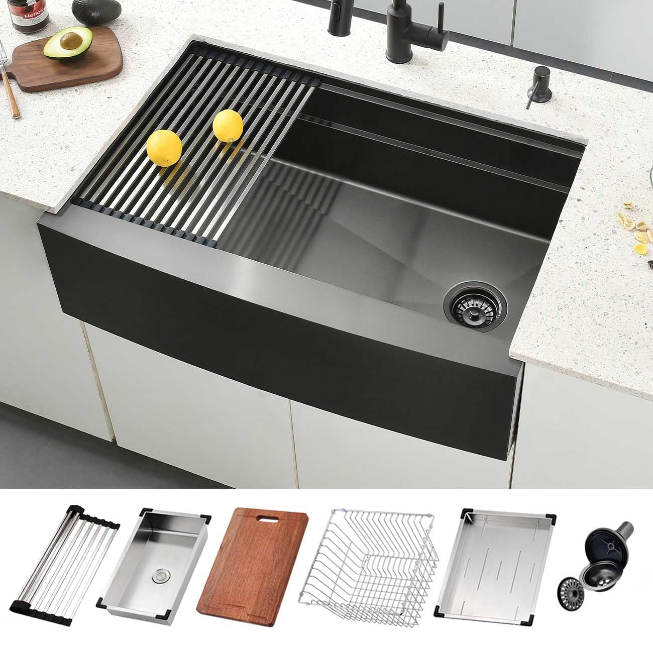 30 Undermount Black Farmhouse Kitchen Sink, Scamall 30 X 22 X 10 Inch Apron-Front 16 Gauge Stainless Steel Workstation Kitchen Sink With Offset Drain SM013SBG