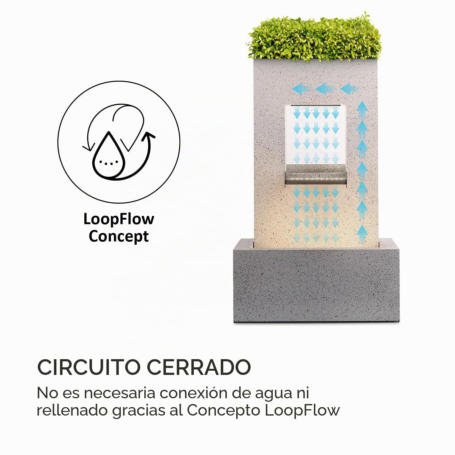 blumfeldt Bloomingstone - Fuente Decorativa, Maceta en Parte Superior, para Interiores y Exteriores, Potencia 20 W, hasta 1200 L/h, Circuito Cerrado, Iluminación LED, Zinc, 51 x 83 x 35 cm, Blanco