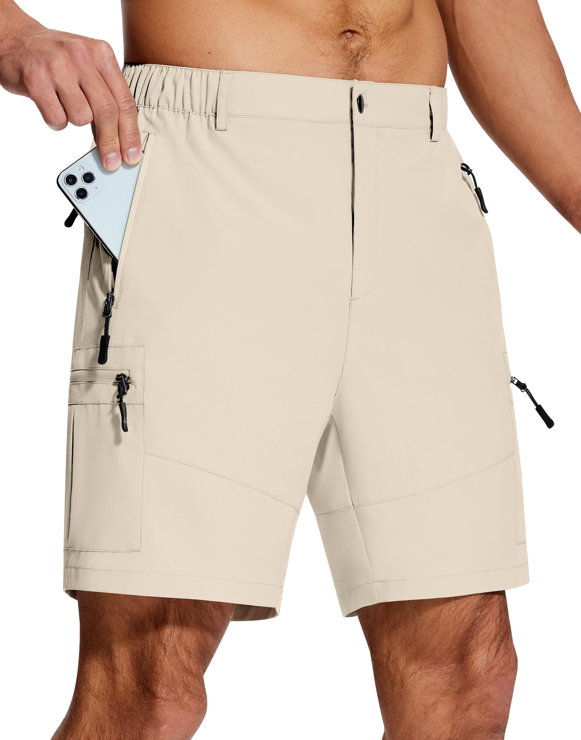 Mens Hiking Cargo Shorts 7" Inseam 6 Zipper Pockets Stretch Quick Dry Lightweight Short for Golf Casual Fishing Work, Light Khaki, XXL Short