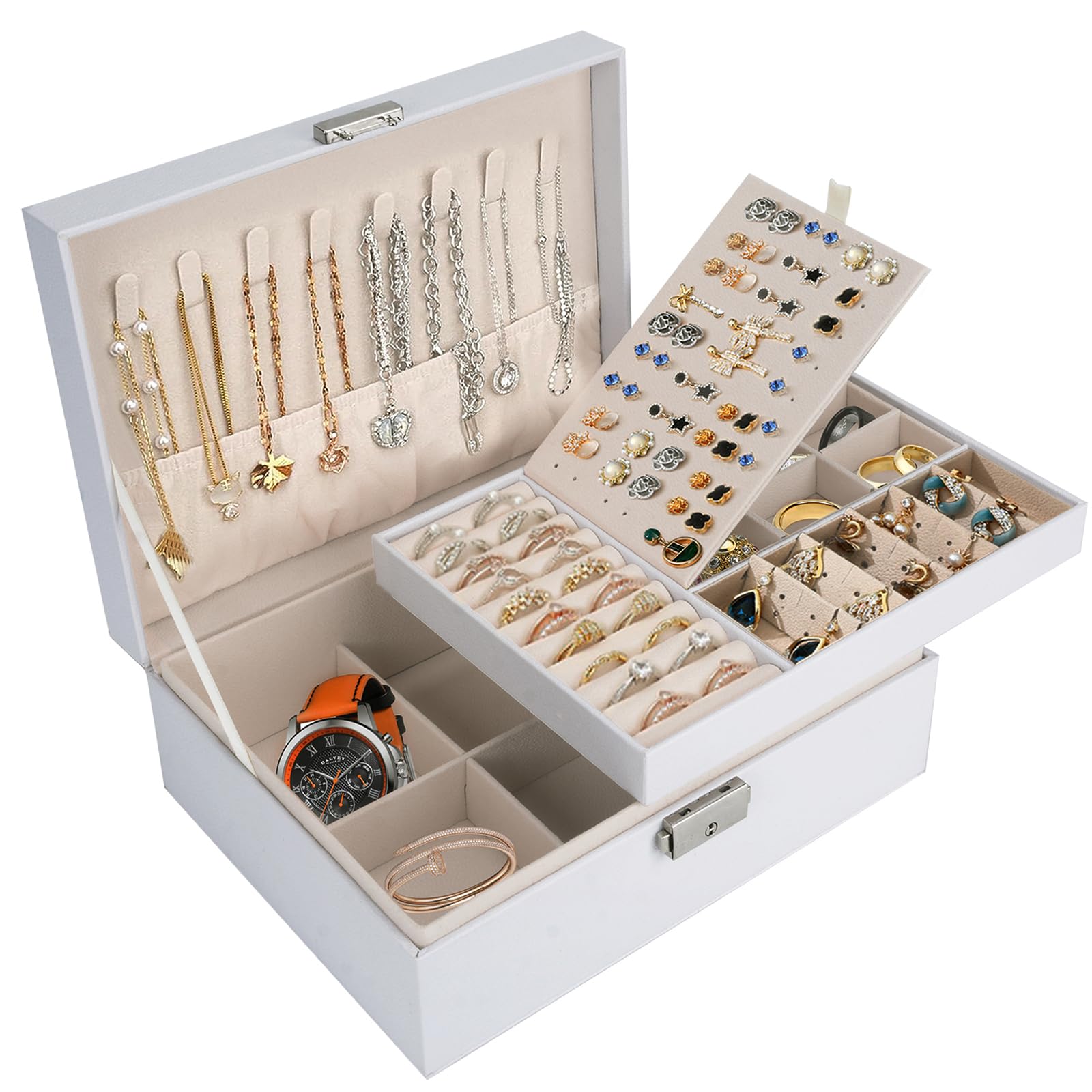 NinonlyJewellery Box for Women, 2 Levels, Jewellery Box, Teenagers, Girls, PU Leather, Large Earrings, Women for Rings, Earrings with Lock and Key, White