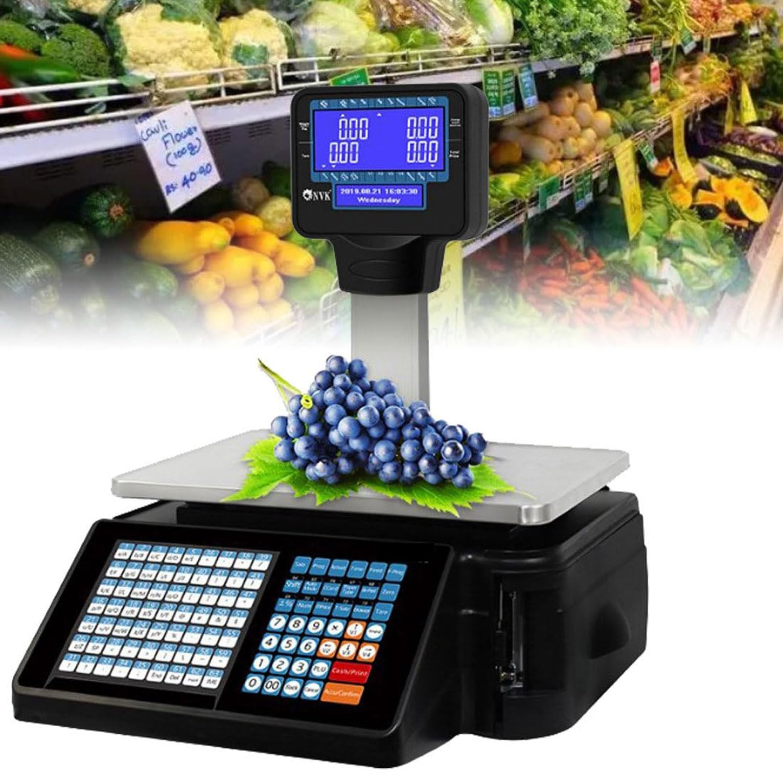 HPTHLY Digital Barcode Weighing Scales with Label and Receipt Printer,Label Printing Scales,30kg/60lbs Double-Sided LCD Display,Commercial Cash Register,for Food Retail (Machine+scanner)