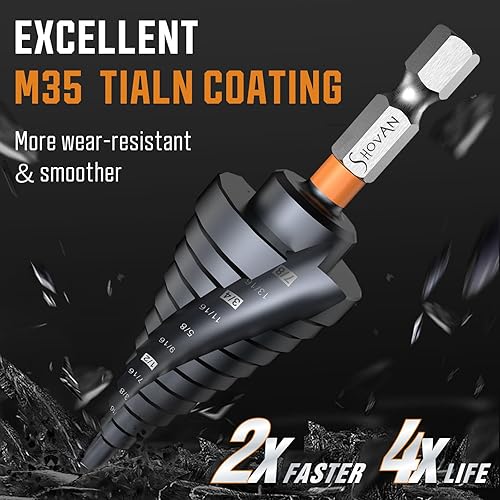 Miniatura 8 de Juego de 3 brocas Unibit escalonadas (14 a 78 pulgadas), cobalto M35, revestimiento TiAlN para una durabilidad superior, taladro de cono en espiral