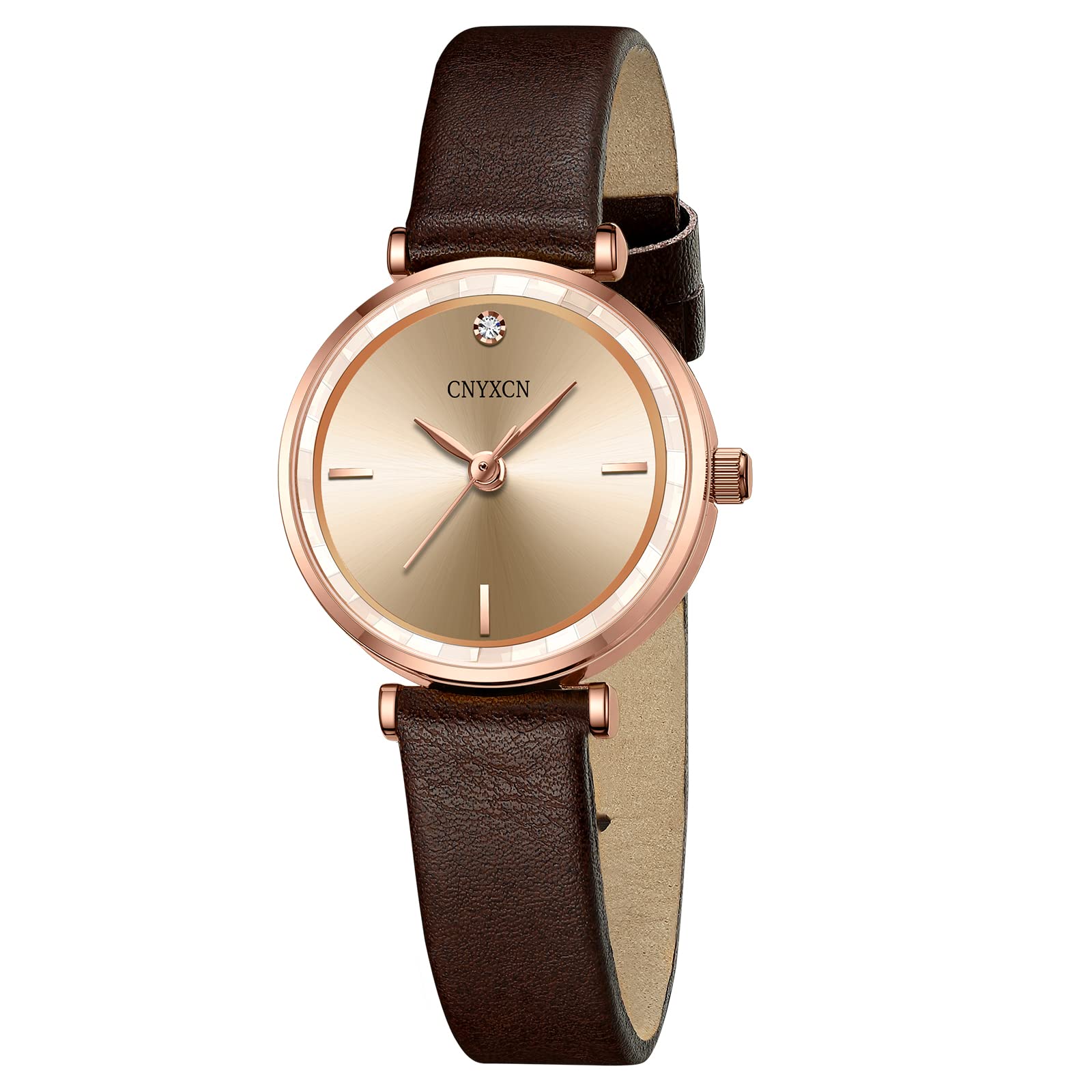 CNYXCN Women's Watch Diamond Watch for Small Wrist Women Cystal Lens Leather Band Ladies Watch for Women Waterproof(Rosegold-Brown)
