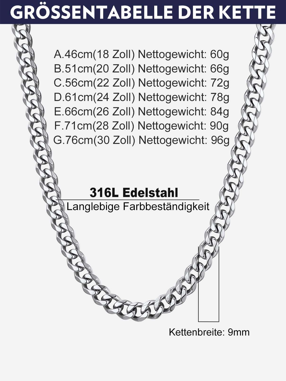 Bandmax Halskette Herren Edelstahl Panzerkette 6/9/12MM breit Kubanische Kette Silber/Gold/Schwarz Gliederkette Männer Hip Hop Kette mit Zirkon Verschluss Schmuck, Kettenlänge 46-76CM