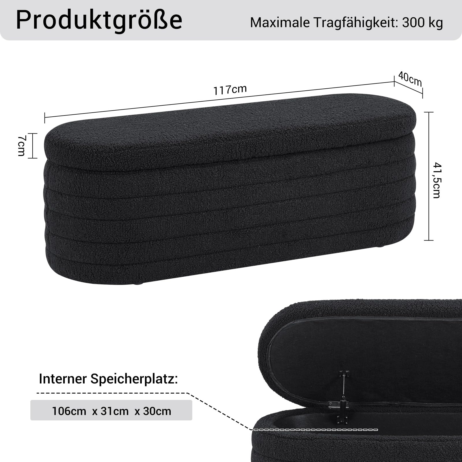 Sitzhocker mit Stauraum, Teddystoff Bank mit Stauraum，Moderner Sitzbank Schlafzimmer, Polsterbank für Wohnzimmer, Flur (Schwarz 117x41,5x40 cm)