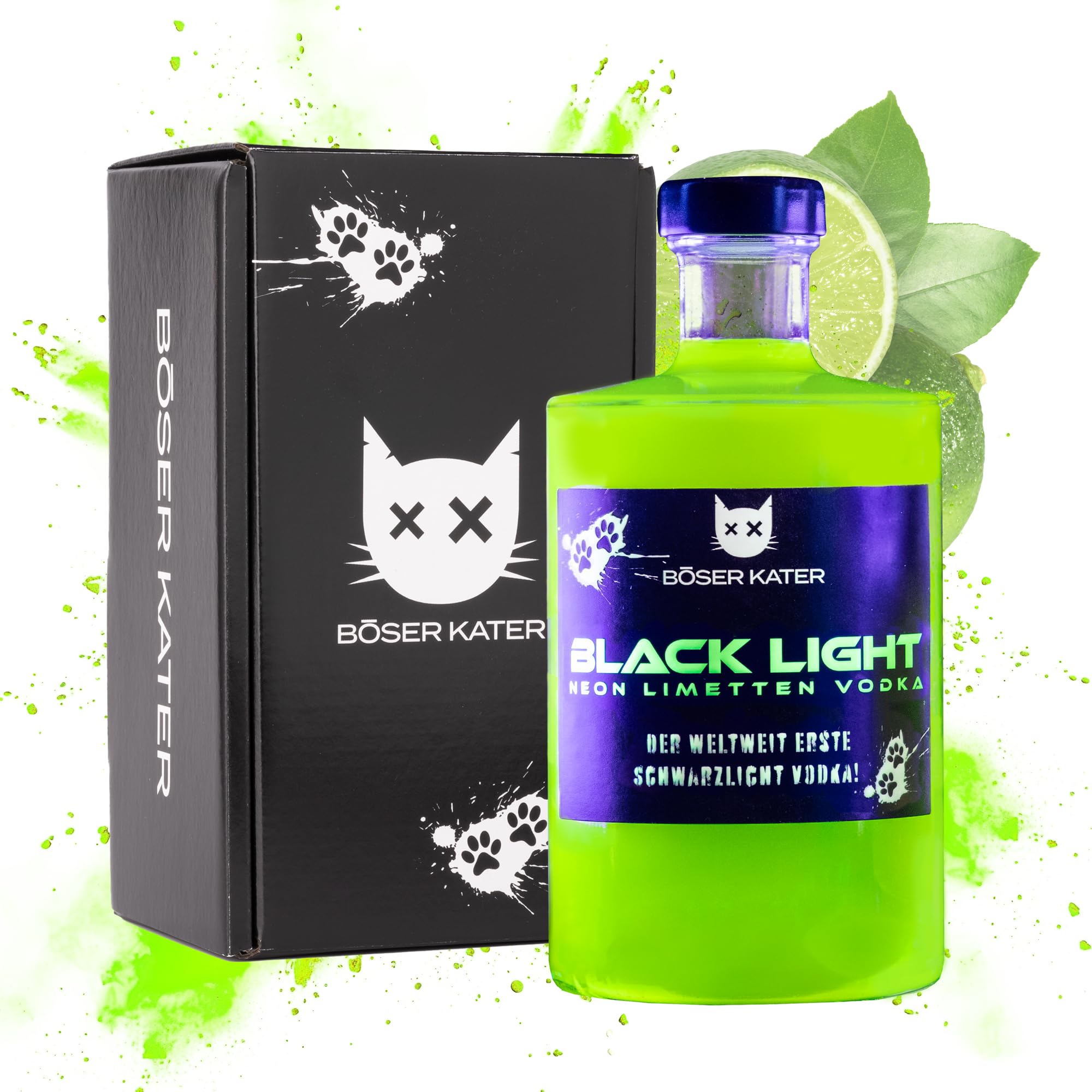 BÖSER KATER Blacklight Vodka 0,5l 40% Vol. Neon Vodka mit Leucht-Effekt Partydrink Limettengeschmack Geschenkbox