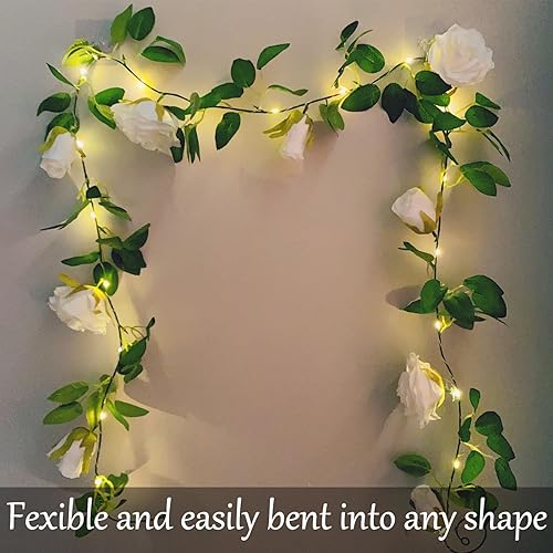 Miniatura 6 de Guirnalda de flores artificiales con 20 luces LED, 6.56 pies colgantes de rosas y vides, guirnalda de luces decorativas para jardín, boda,