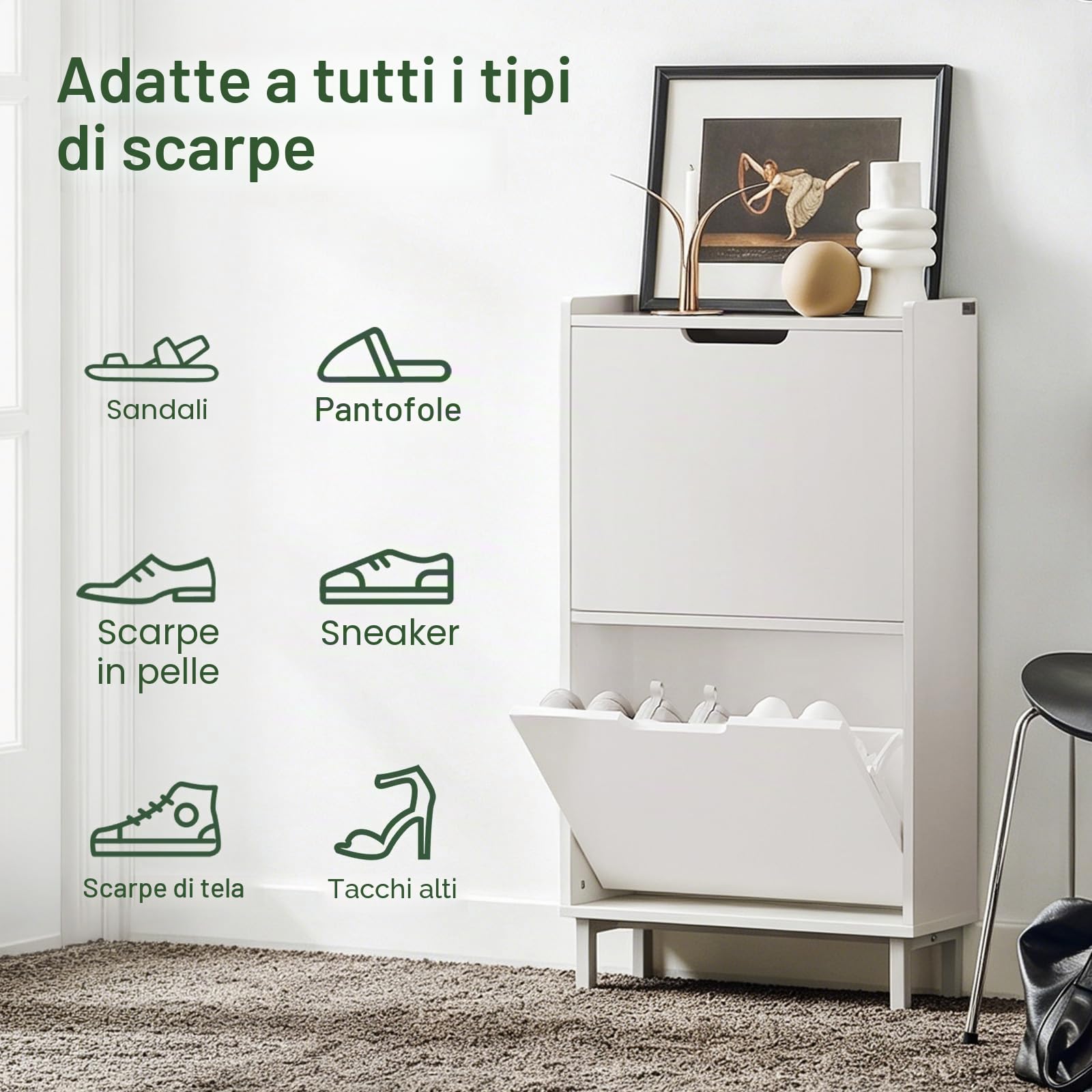 SoBuy Scarpiera Salvaspazio Slim da Ingresso Mobile Portascarpe con 2 Ante a Ribalta Regolabili in Legno Armadio Scarpiera Alta e Stretta per Corridoio, 50x19x90 cm，Bianco, FSR151-W