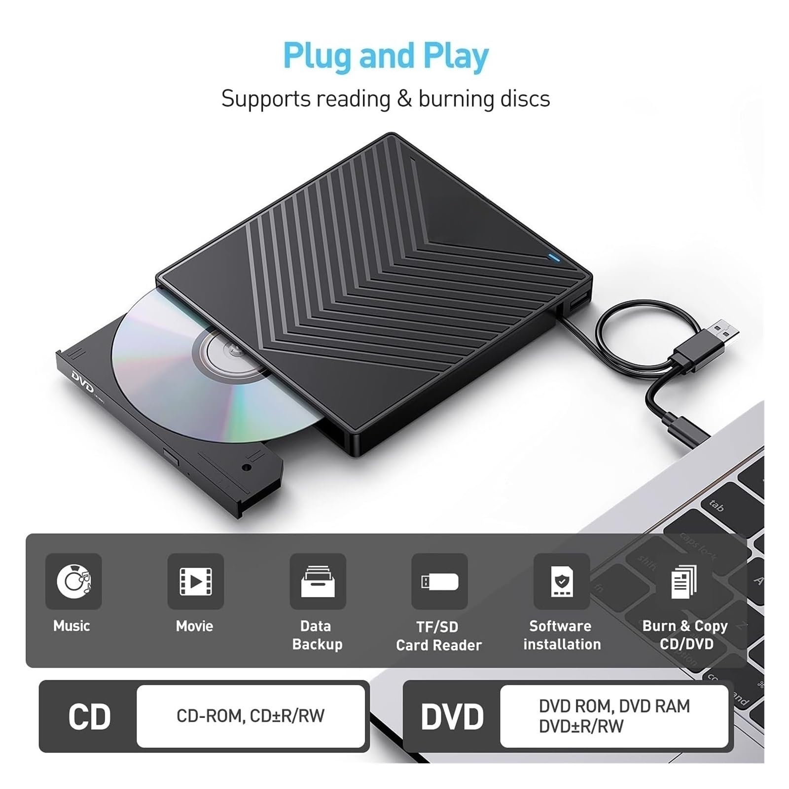 Zewnętrzny Napęd DVD/CD Do Laptopa Z Torbą 7 W 1 USB 3.0 Ultracienki Przenośny Odtwarzacz I Nagrywarka DVD/CD/VCD Wyczyść Proces Odtwarzania