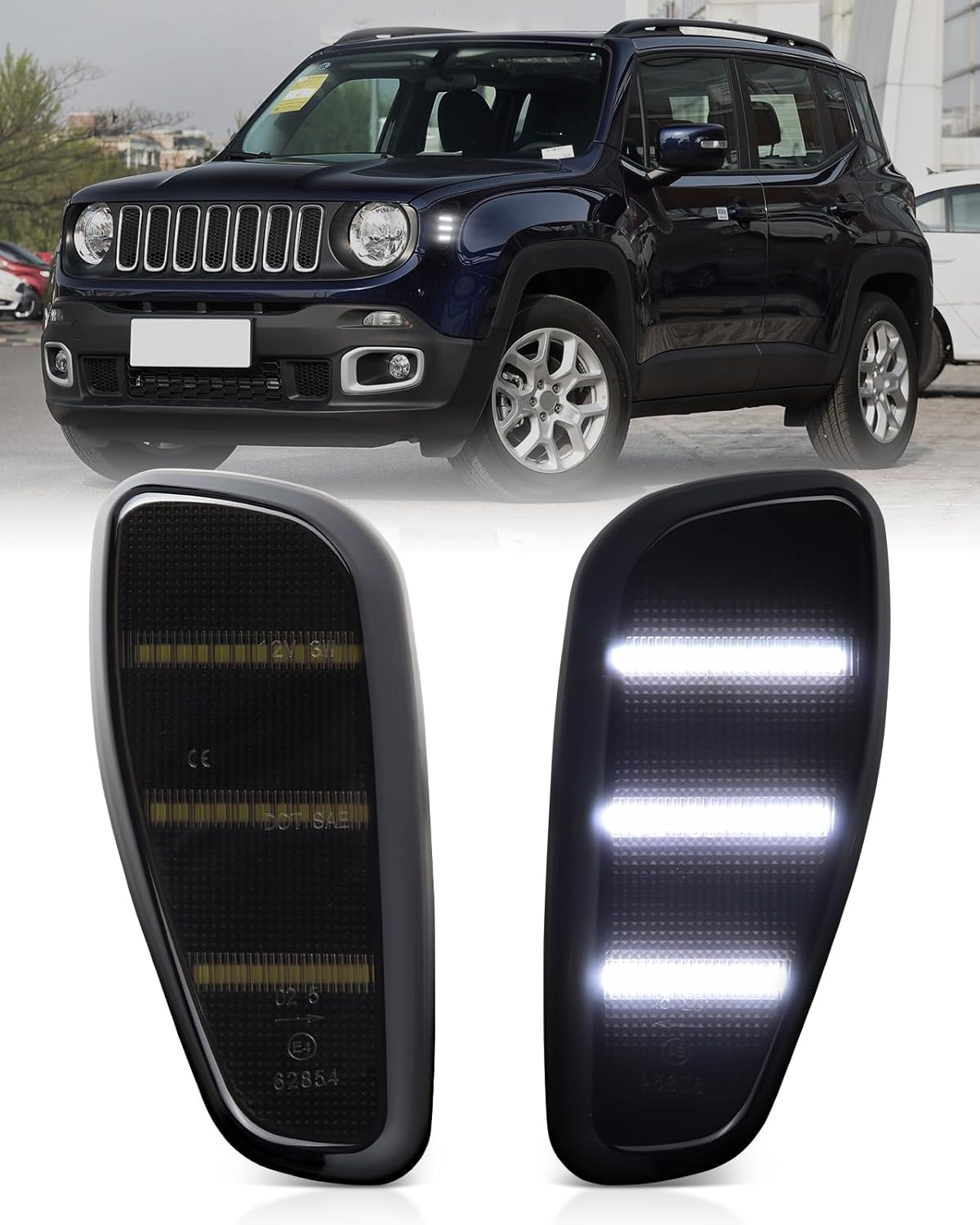 LED Side Marker Lights for Jeep Renegade 2015 2016 2017 2018 2019 2020 2021 2022 2023, Smoked Lens White LED Front Bumper Sidemarkers, pack of 2