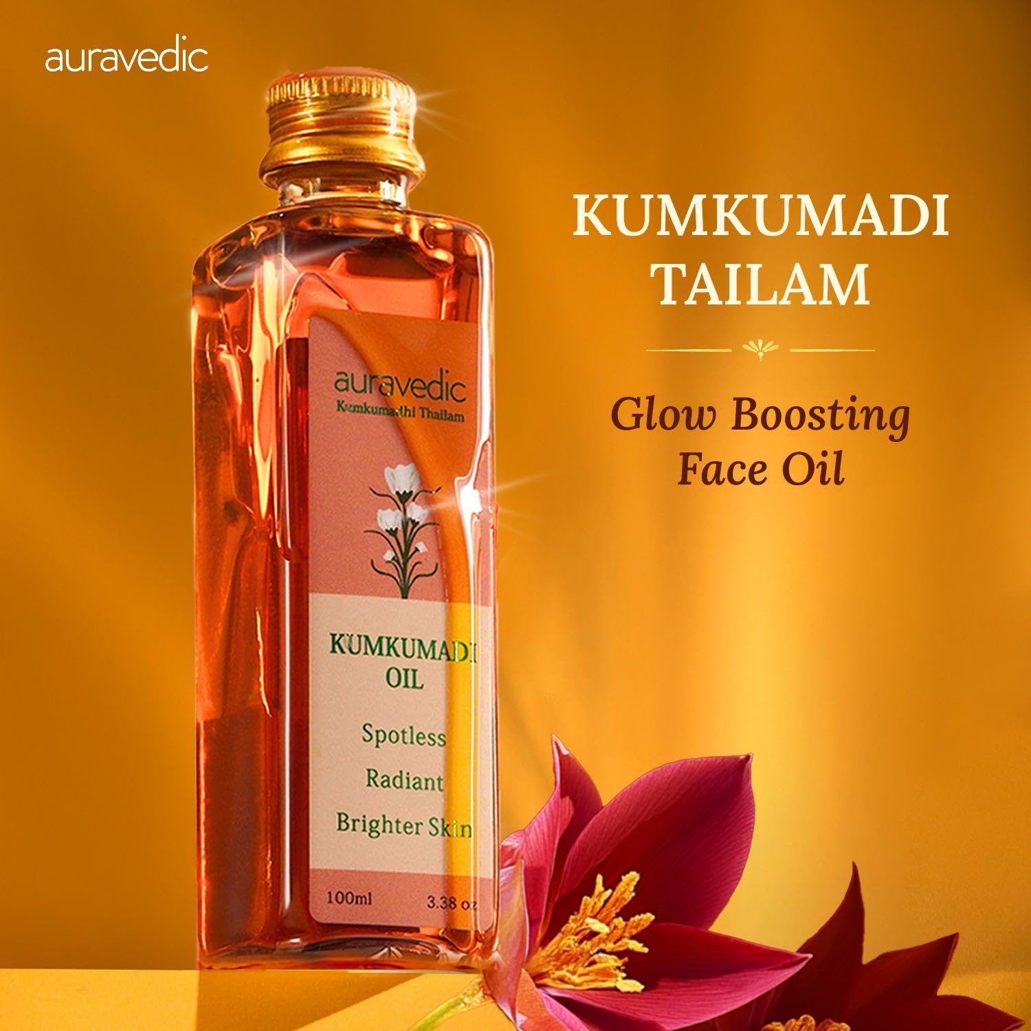 Auravedic Kumkumadi Oil for Face with Saffron | Ayurvedic Glow Oil for Dark Spots, Dull & Uneven Skin | Lightweight Hydrating Night Face Oil for Radiant Smooth Skin | 3.38 Fl Oz (100ml)
