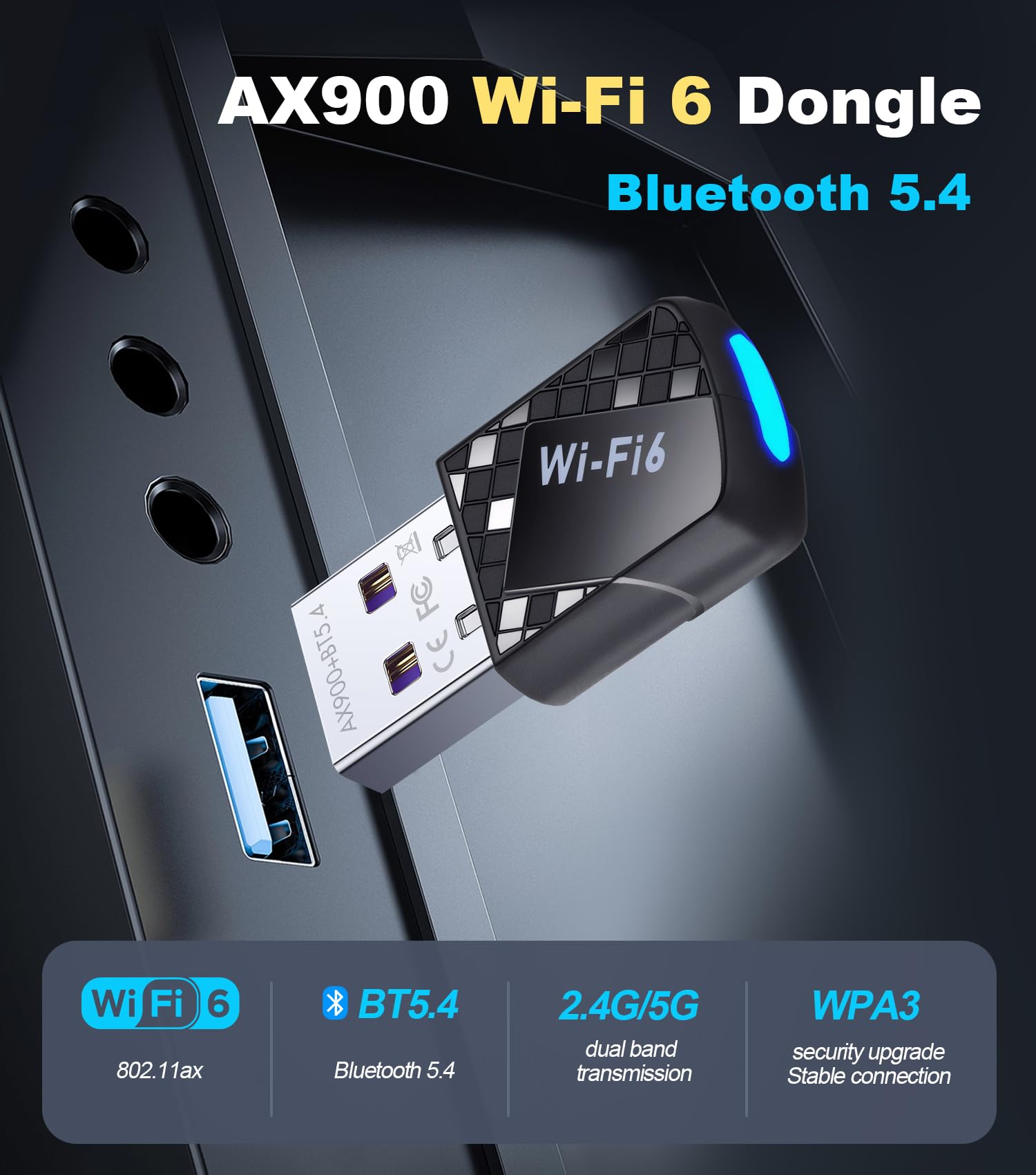 Adaptador Wi-Fi USB, WiFi 6 y adaptador Bluetooth 5.4 para computadora portátil, dongle inalámbrico de 900 Mbps, doble banda 5G/2.4GHz, controlador integrado para escritorio/portátil/PC, WPA3