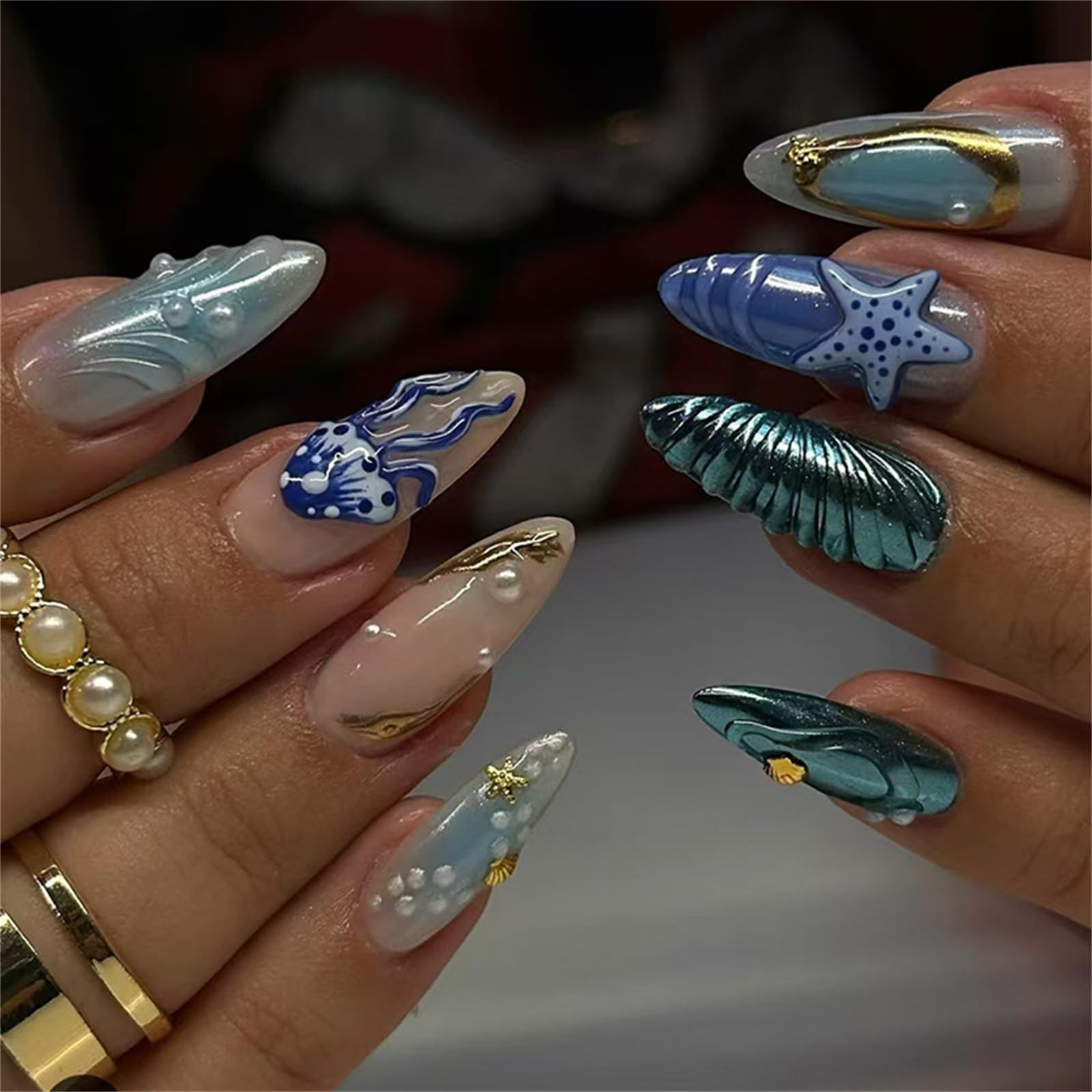 swynrf 24 Pcs Almond Shaped Stick On Nails Glossy Reusable False Nails Star Jellyfish Acrylic Nails