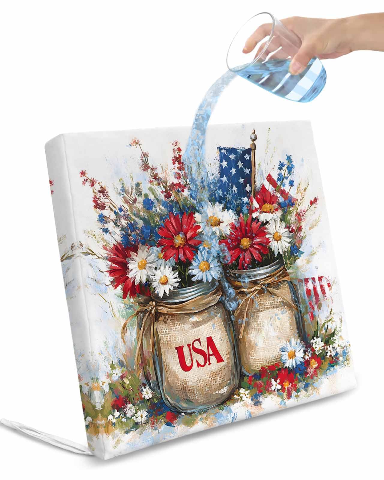 2 Pack 4th of July Floral Waterproof Cushion Covers with Ties, Outdoor Patio Chaise Lounge Chair Seat Cushion Slip Covers Replacement(Only Cover) American Flag Red White Poppy Flowers 22