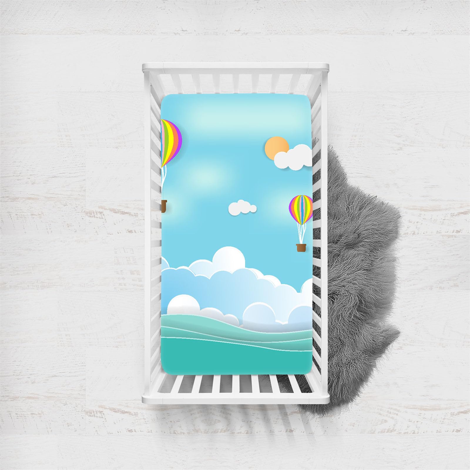 Odot Cot Bed Fitted Sheets, Sea View Cartoon Style Moses Basket Fitted Sheet Crib Fitted Sheets Soft Baby Bed Sheets Bassinet Sheets Cot Bed Mattress Protector (Hot Air Balloon,65x95cm)