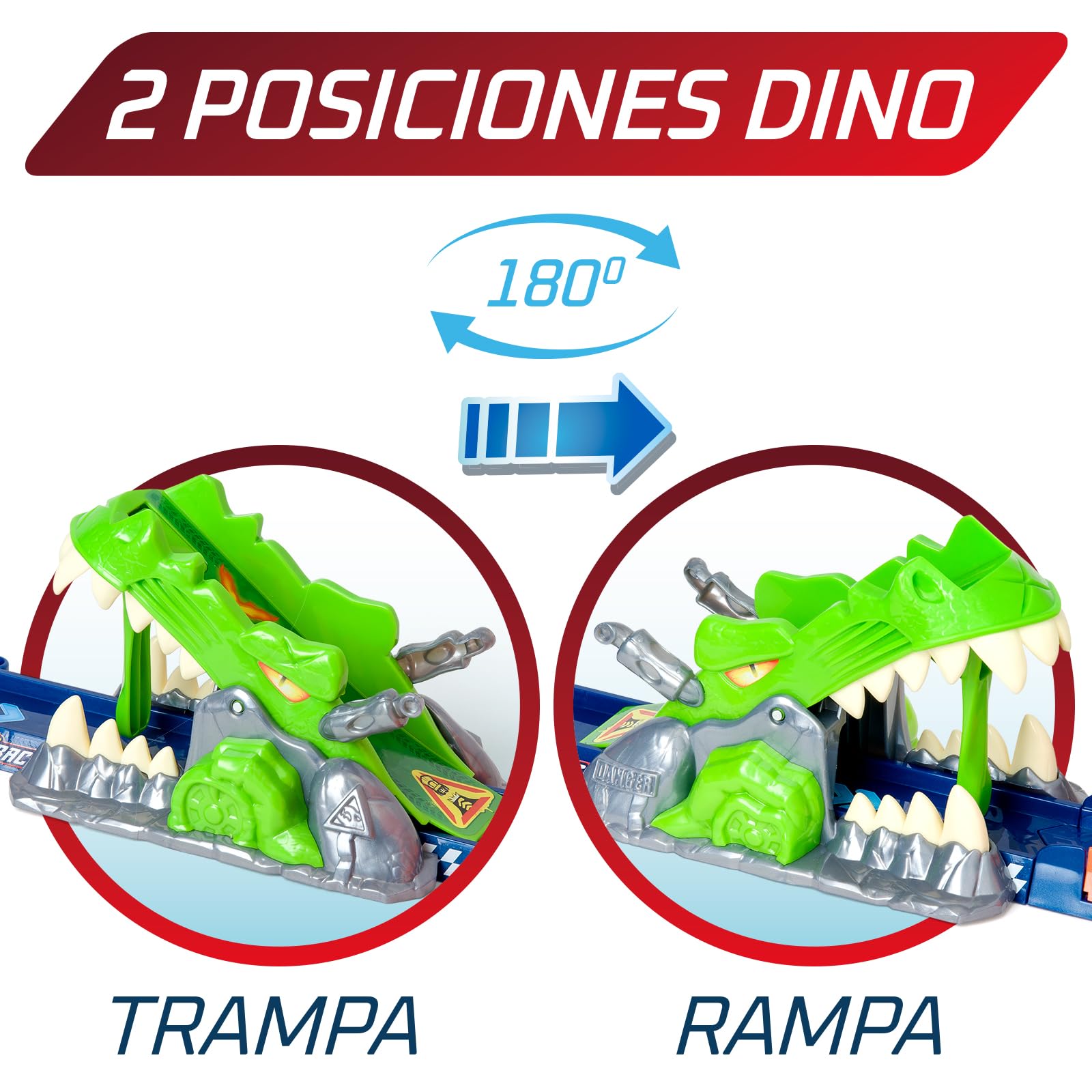 T-Racers Mix ‘N Race Volcanosaurus Pista para Coches de Juguete T-Racers, Contiene 1 Disparador, 3 Pistas, 1 Coche Exclusivo Nitro Rex y 4 Acrobacias