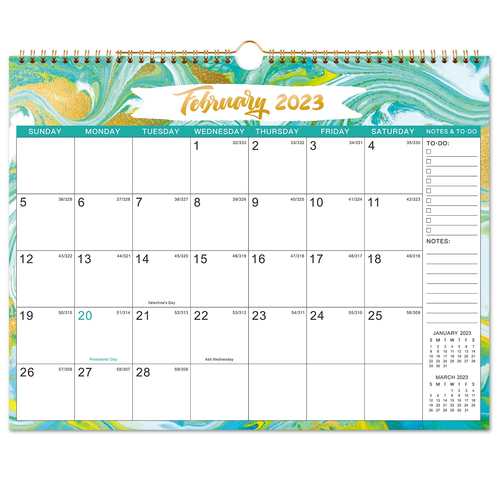 2023 Calendar - 12 Month Wall Calendar 2023, 15 X 11.5, Jan 2023 - Dec  2023, Golden Twin-Wire Binding, Large Writing Blocks, Julian Dates, Notes &  To-Do List, Holidays - Multicolors