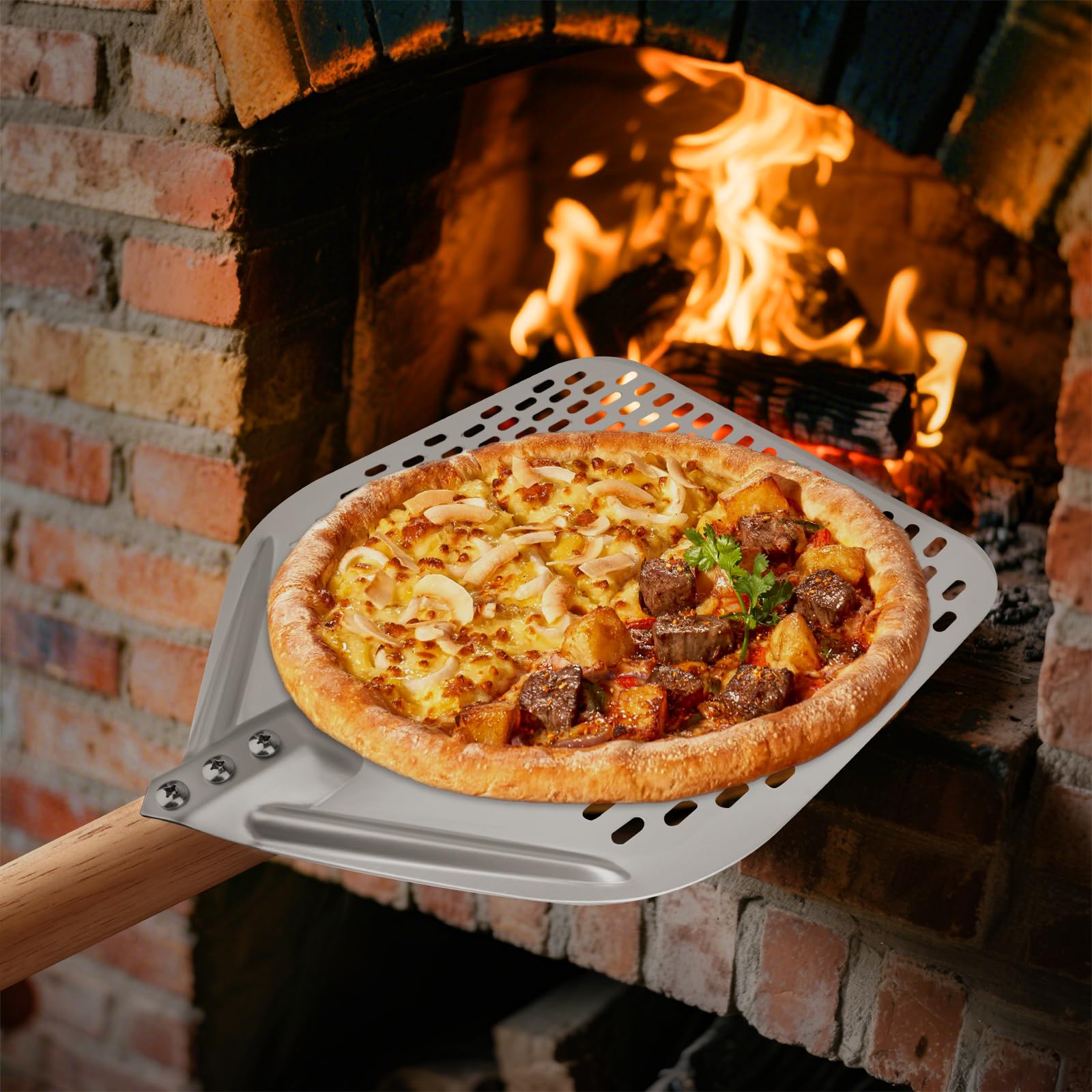 Łopatka do pizzy perforowana, okrągła, aluminiowa 12 cali, z wyjmowanym uchwytem, do grillowania, do gotowania, pizzy z drewnianym uchwytem
