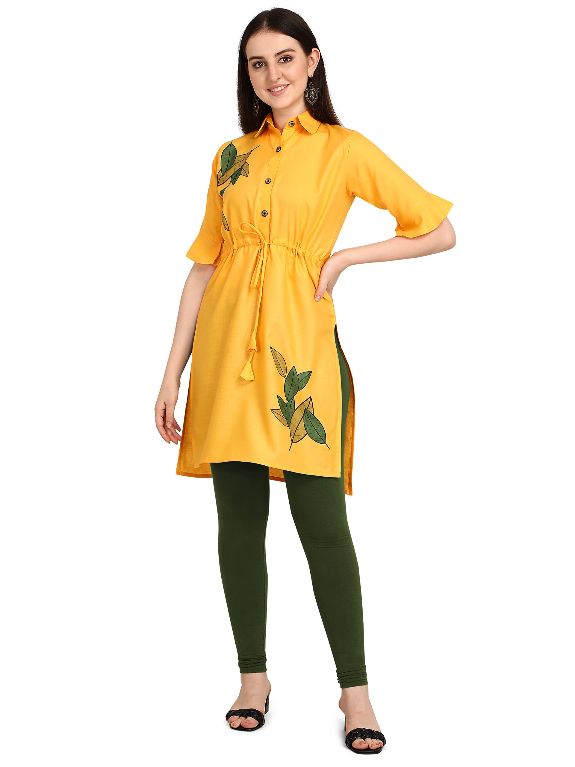 Leriya Fashion Designer Slub Cotton Fully Stitched Anarklai Kurti For Women & Girls On Jeans Palazzo & Skirt (Yellow, Medium)