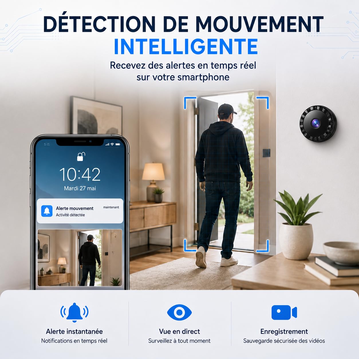 2026 Surveillance Mini Caméra Espion sans Fil , Caméra de sécurité WiFi HD 1080P avec Vision Nocturne intérieur/extérieur pour bébé, Animal de Compagnie, Compatible Smartphone (Black, Mini 4 pièce)