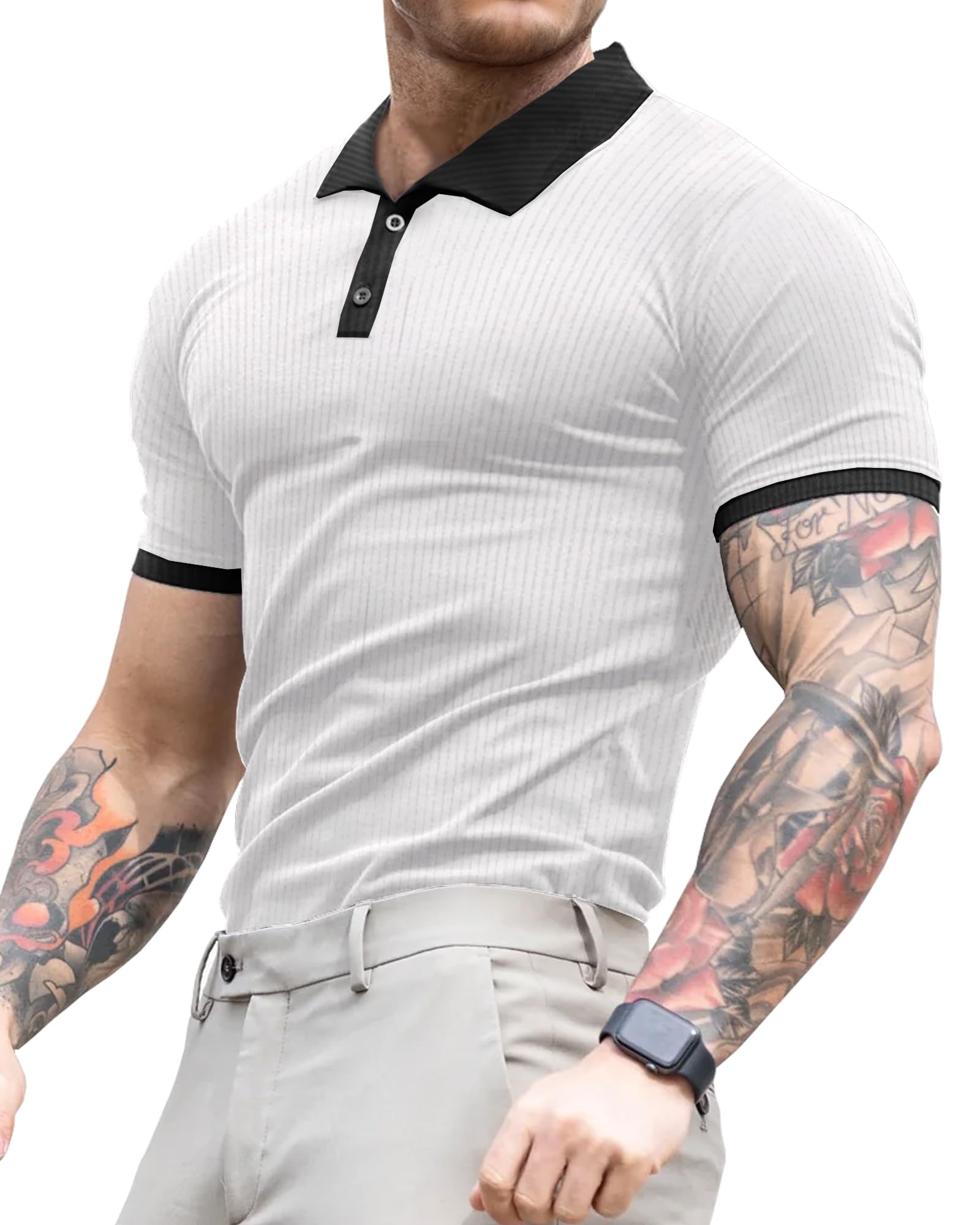 Lehmanlin Muscle Polos pour Homme à Manches Longues et Courtes T-Shirts décontractés Slim Fit Stretch côtelé Golf Tops