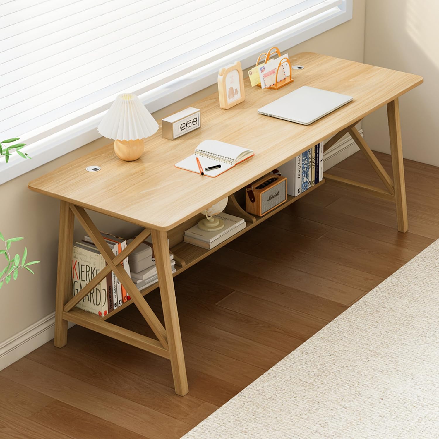 NELYE Extra Long Desk with Bookshelf - Wooden Home Office Work Study Table, 2-Person Writing Computer Workstation with Storage Shelf in Oak, 63" Wx24