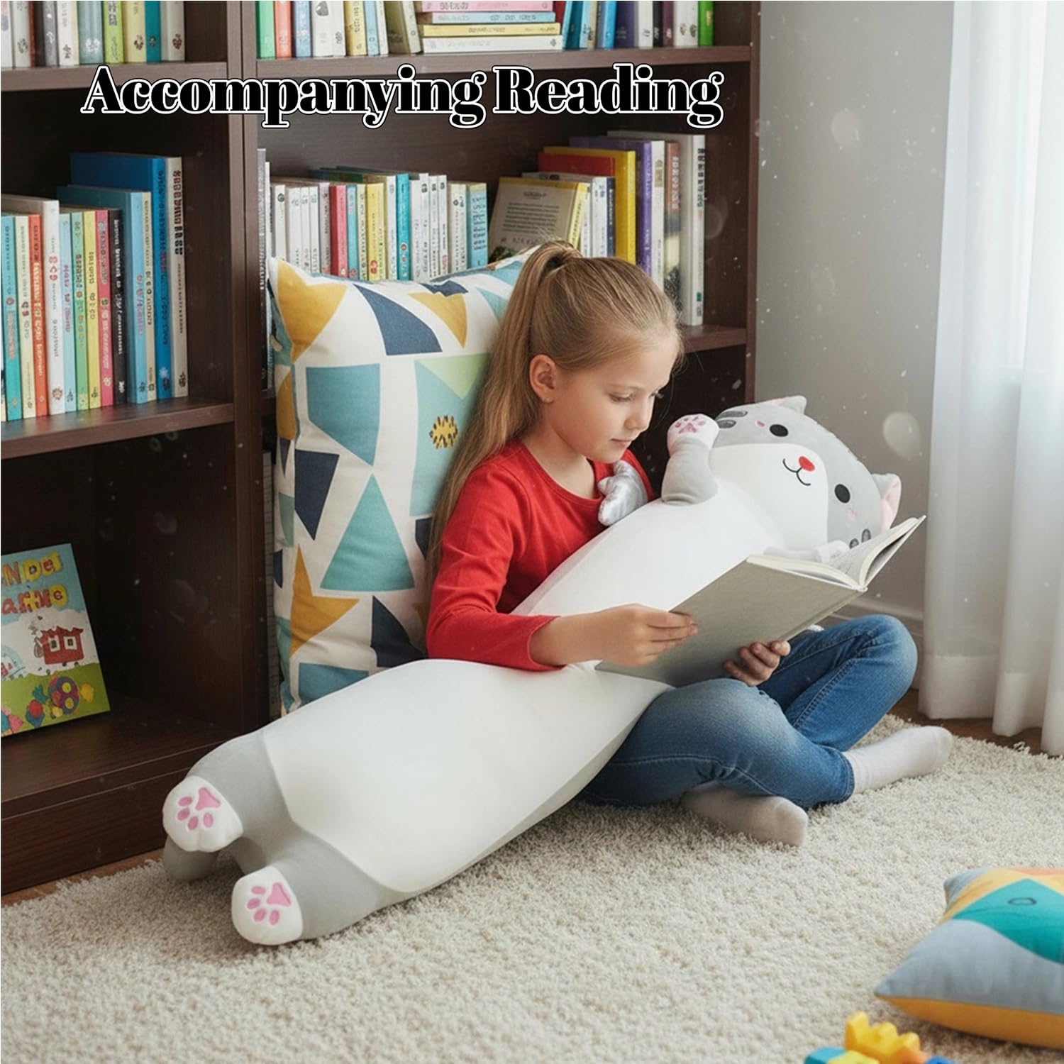 Animali di peluche, cuscino lungo, XXL, con ali e gatti, morbido gatto Kawaii, grande peluche per bambini e adulti (grigio, 110 cm)