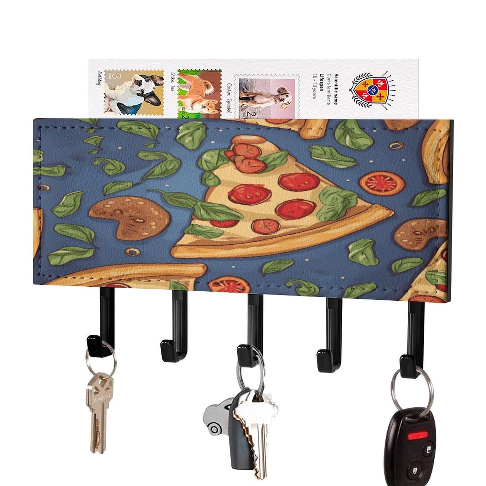 FekiLoot Pizza Key Holder for Wall Decorative Mail Organizer with 5 Key Hook Self Adhesive Key Rack with Tray Coat Rack Wall Mount Key Hanger Decor for Entryway Door