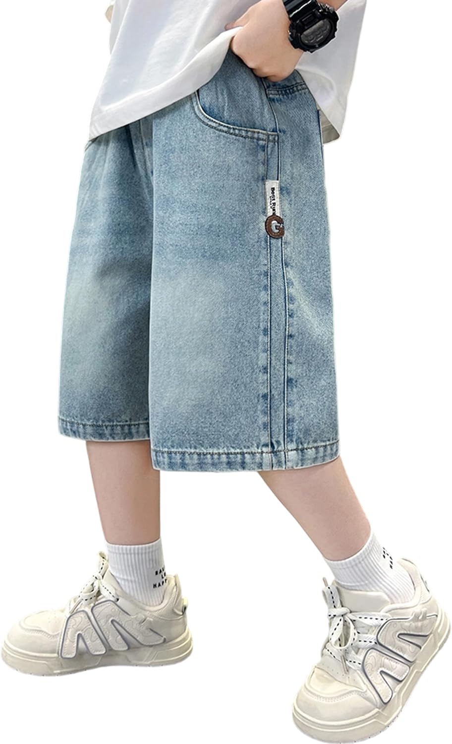 Rolanko Boys Baggy Jorts, Elastic Waist Wide Leg Jean Shorts Loose Denim Shorts with Pockets Y2K Streetwear