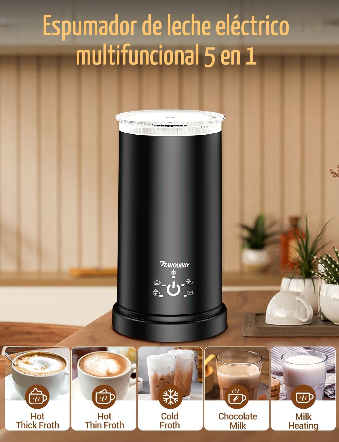 Espumador de Leche 5 en 1 Eléctrico 600W 350ML Espumador Automático con Revestimiento Antiadherente Espuma Caliente y Fría, Calienta Leche, Fácil de Usar y Limpiar, para Café, Latte y Capuchino